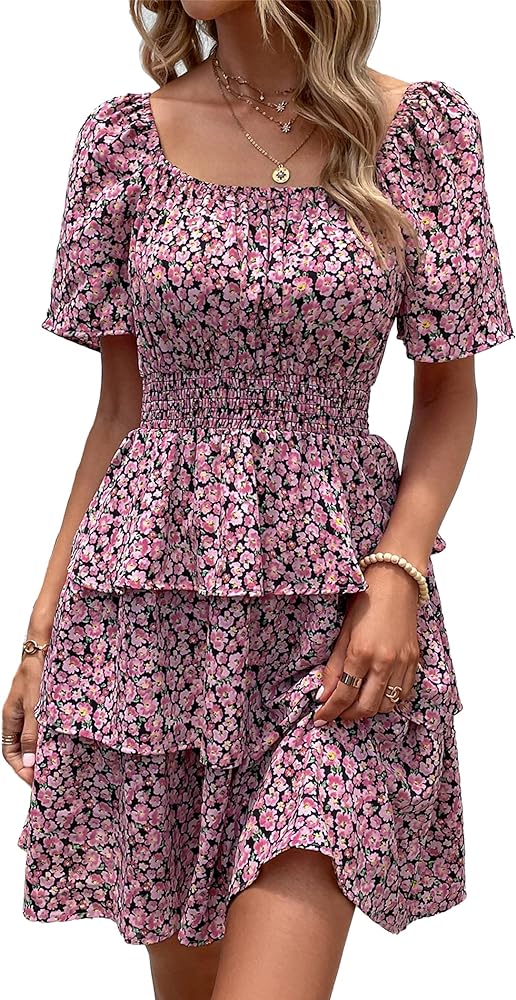 PRETTYGARDEN Women's 2024 Floral Summer Short Dress Square Neck Short Sleeve Tiered Ruffle Boho Swing Dresses