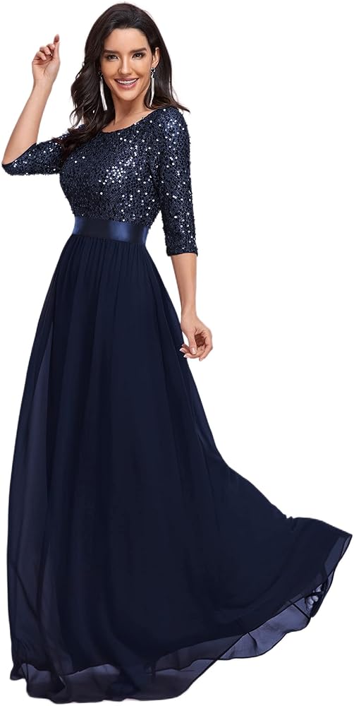 Ever-Pretty Women's Elegant A Line Crew Neck Half Sleeve Sequin Maxi Evening Dress 00683