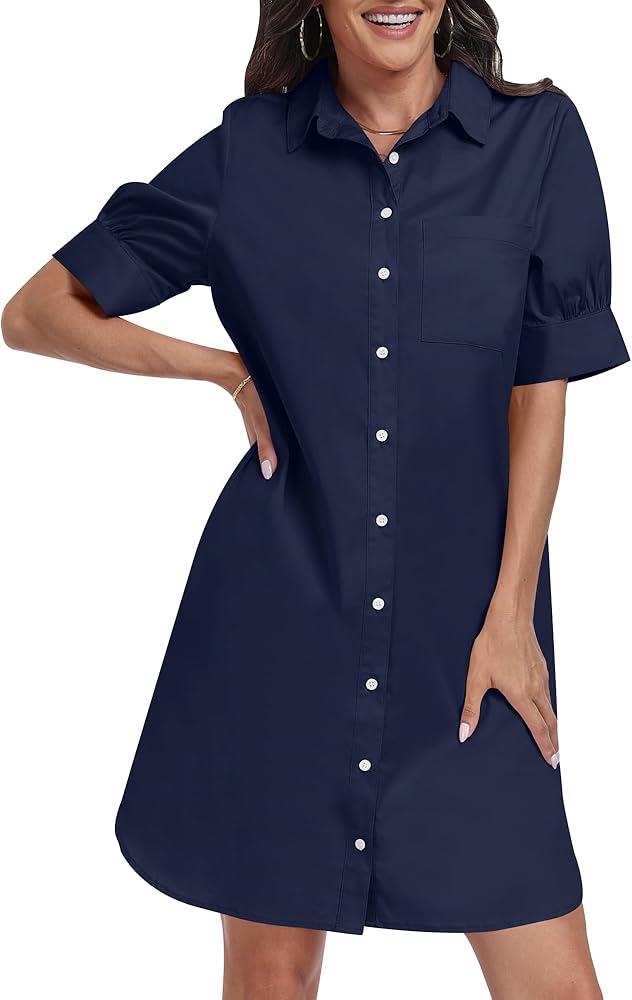 ANRABESS Womens Button Down Shirt Dress with Pockets Short Sleeve Loose Business Casual Summer Beach Tunics Dresses Tops