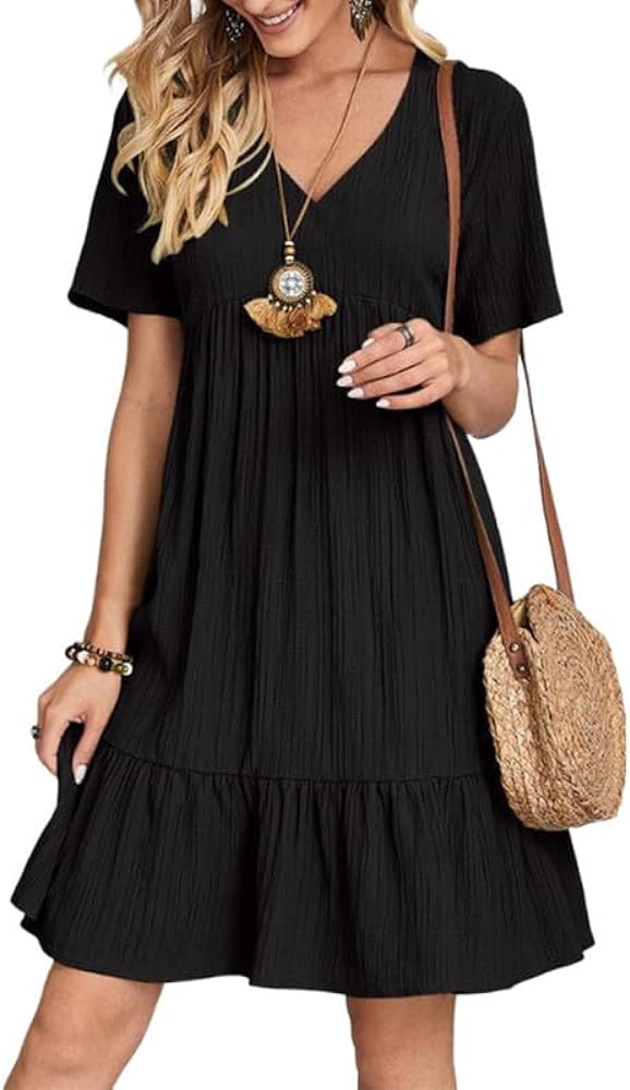 Womens Summer Dresses V-Neck Flutter Sleeve Flowy Short Dress Casual Mini Dress A-Line Ruffle Tiered Swing Dresses