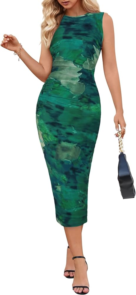 MEROKEETY Women's Summer Bodycon Tie Dye Dress Sleeveless Crew Neck Mesh Cocktail Party Maxi Dresses