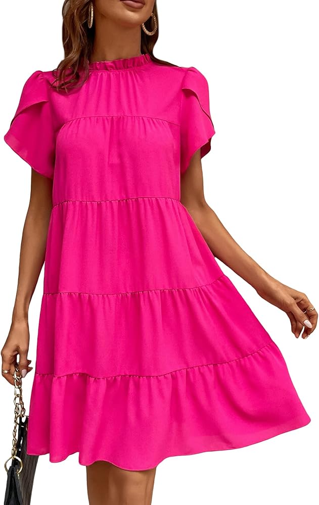 Verdusa Women's Tie Back Petal Sleeve Mock Neck Ruffle Hem A Line Swing Smock Dress Hot Pink S