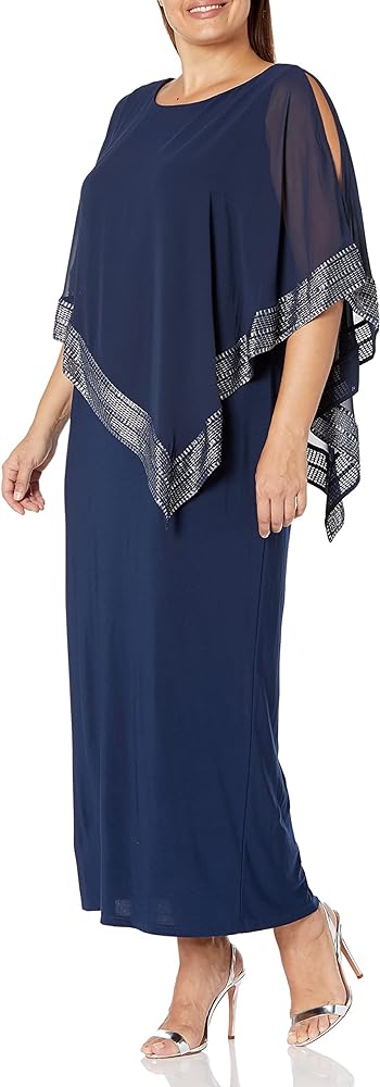 S.L. Fashions Women's Plus Size Long Cold Shoulder Capelet Dress with Metallic Trim