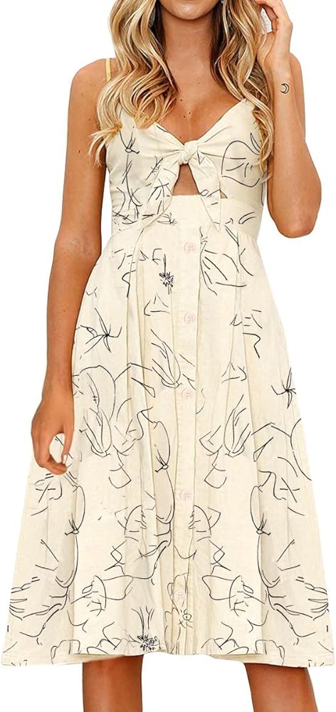 FANCYINN Womens Tie Front Button Down A-Line Dresses Summer Spaghetti Strap Midi Dress Floral Prints