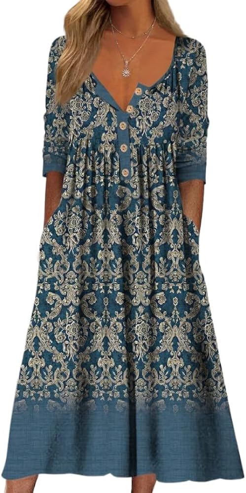 Women's Short Sleeve Boho Floral Print Maxi Dress Summer V Neck Casual Loose Dress with Pockets