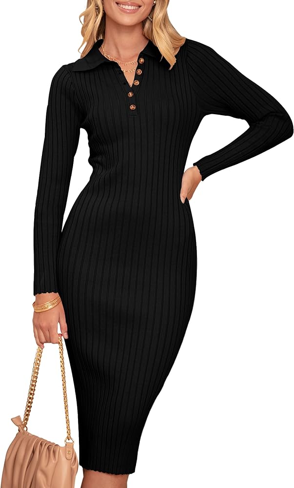 MEROKEETY Womens 2024 V Neck Ribbed Sweater Dress Long Sleeve Bodycon Knit Midi Dresses