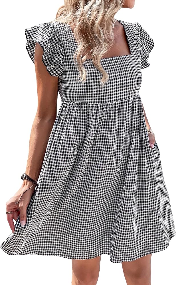 SOLY HUX Women's Plaid Gingham Square Neck Babydoll Smock Dress Ruffle Beach Cap Sleeve Short Dresses