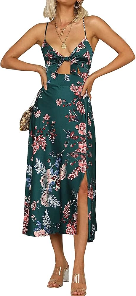 Fashionme Women Spaghetti Strap Midi Satin Dresses Tie Front Backless Split Hollow Dress