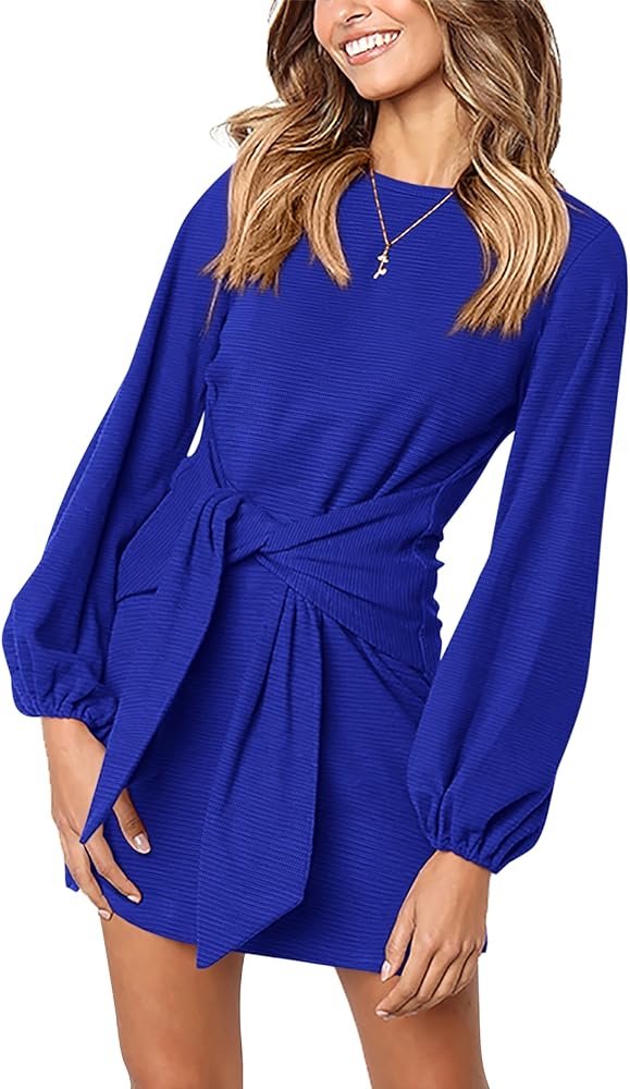 PRETTYGARDEN Women's Elegant Long Lantern Sleeve Short Dress Crewneck Tie Waist Knit Cocktail Dress