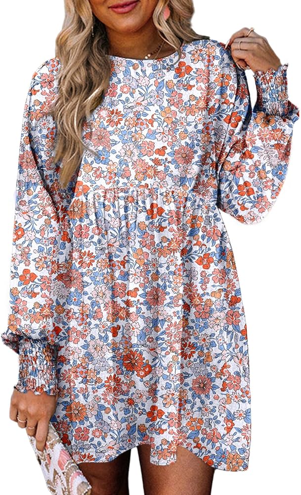 Dokotoo Fall Dresses for Women 2024 Casual Loose Floral Dress Long Sleeve Crew Neck Flowy Swing Mini Shift Dresses