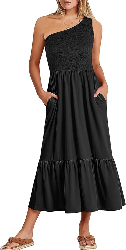 ANRABESS Women's 2024 Summer One Shoulder Sleeveless Beach Dress Casual Smocked Tiered Beach Maxi Sundress