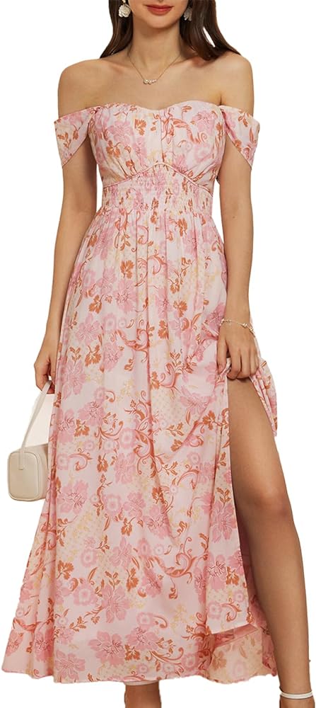 GRACE KARIN 2024 Women's Summer Floral Print Flowy A Line Maxi Dresses Sleeveless Smocked Off Shoulder Dress