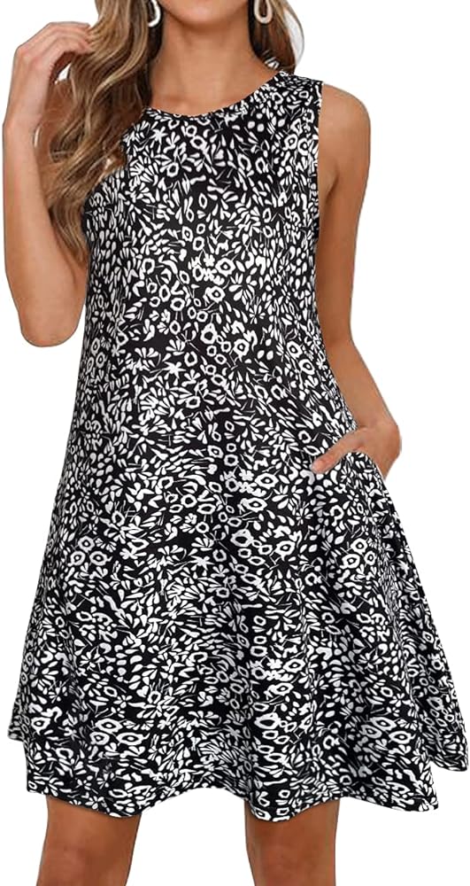 elescat Summer Dresses for Women 2024 Casual Beach Sleeveless Floral Print Tank Loose Sundress with Pocket