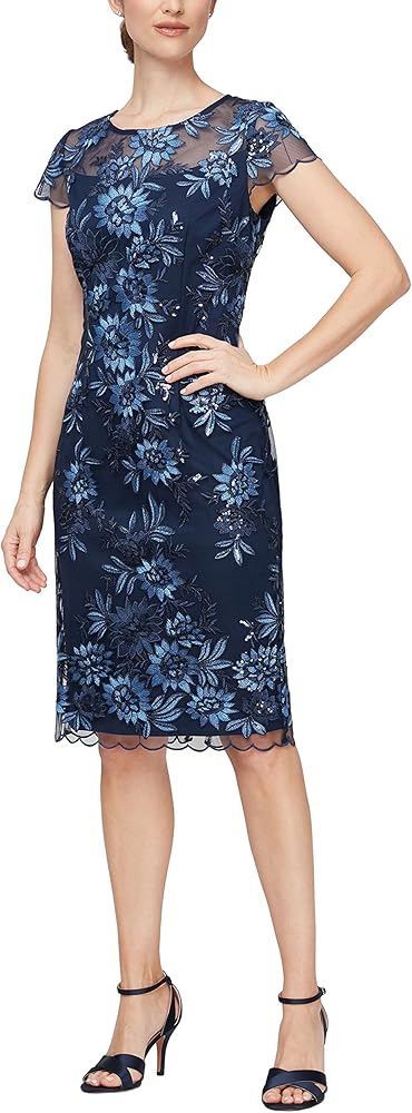 Alex Evenings Women's Short Knee Length Floral Embroidered Cocktail Sheath, Wedding Guest Dress, (Petite and Regular Sizes)