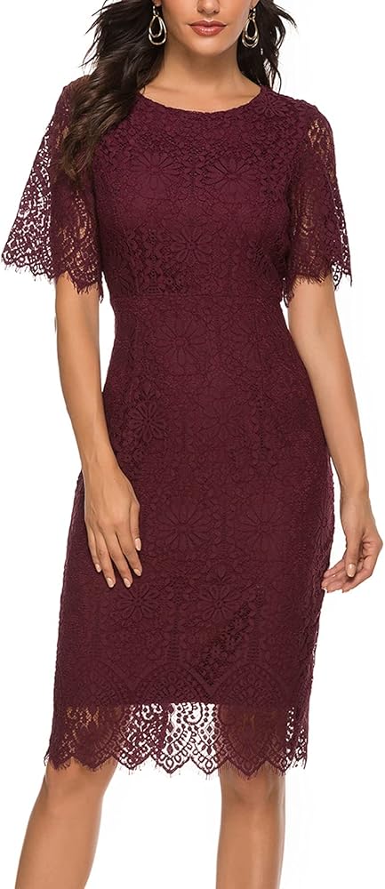 MEROKEETY Women's Short Sleeve Lace Floral Cocktail Dress Crew Neck Knee Length for Party