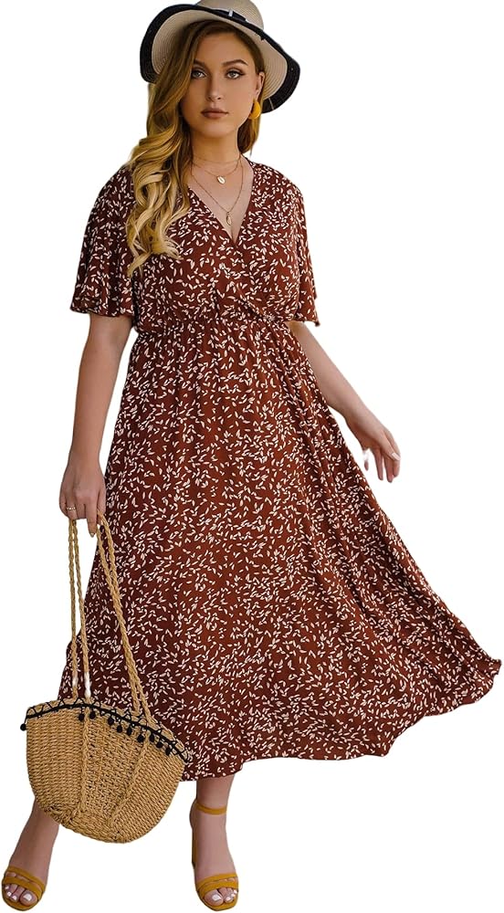 Floerns Women's Plus Size Boho Floral V Neck Short Sleeve A Line Long Dress