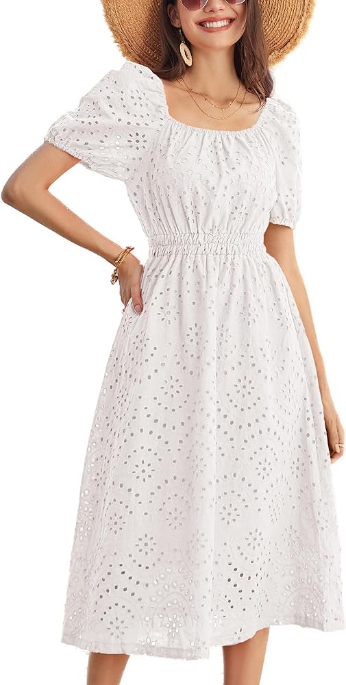 GRACE KARIN Women's Eyelet Dresses Summer Square Neck Short Puff Sleeve Casual A Line Boho Midi Dress