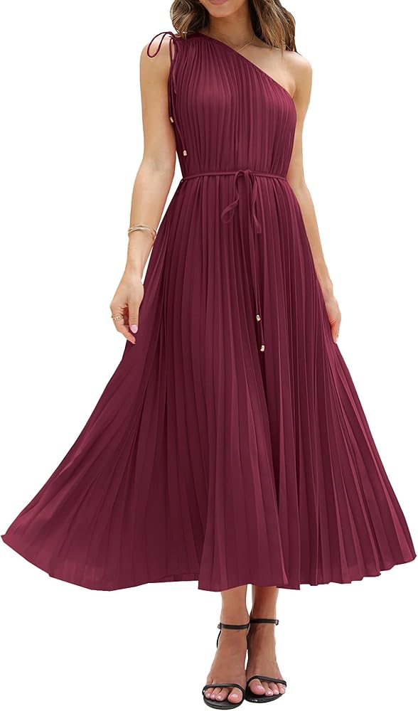 BTFBM Women's Drawstring One Shoulder Maxi Dresses Summer Sleeveless Tie Waist Pleated Long Flowy Party Cocktail Dress