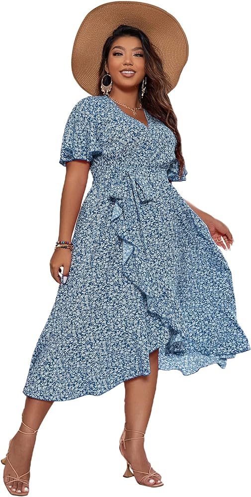 Floerns Women's Plus Size Boho Flutter Short Sleeve Ruffle Hem A Line Midi Dress