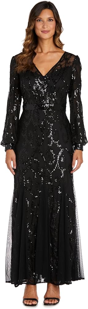 R&M Richards Long Sequined Cocktail Dress W/Power Mesh Inset