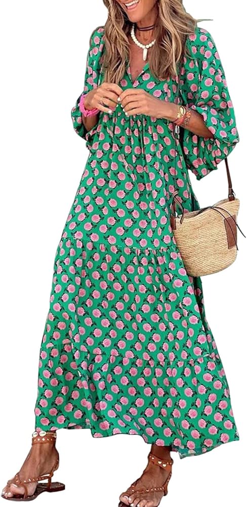 miduo Womens Loose Fit Casual Summer V Neck Half Sleeve Bohemian Geometric Pattern Maxi Long Dresses