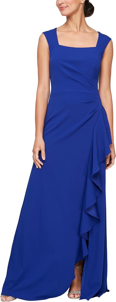 Alex Evenings Women's Long Cascade Ruffle Sleeveless Gown with Leg Slit, Mother of The Bride, Party Dress