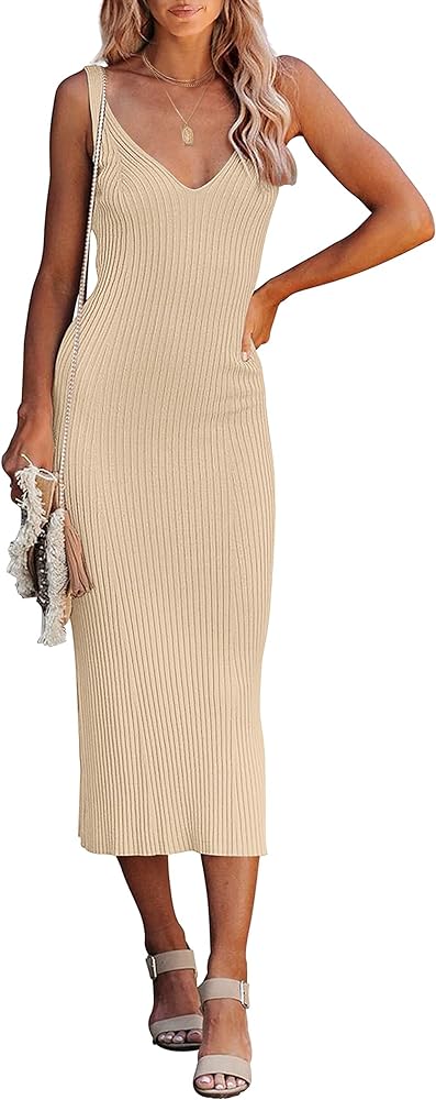 MEROKEETY Womens 2024 Summer V Neck Knit Midi Dress Bodycon Sleeveless Ribbed Sweater Dresses