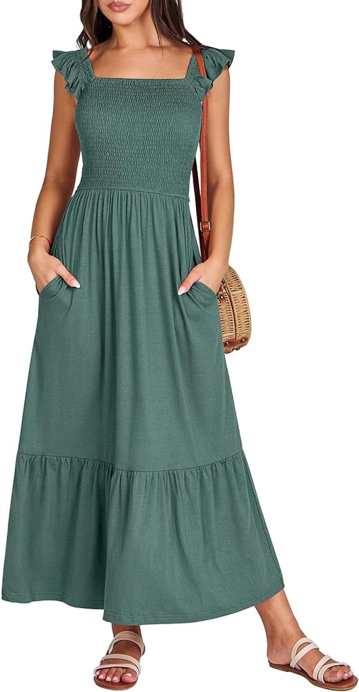 ANRABESS Womens Square Neck Maxi Dress Ruffle Sleeveless Smocked Casual Summer Beach Sundress with Pockets