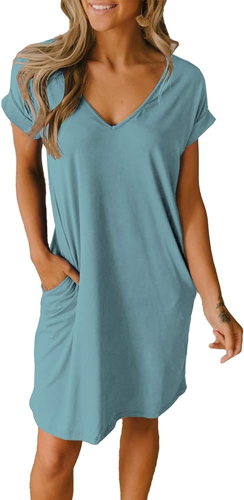 BTFBM Women V-Neck Short Sleeve Summer Dresses 2024 Spring Casual Loose T-Shirt Tunic Short Dress Pajamas with Pockets