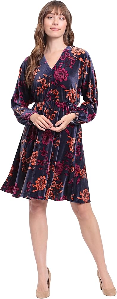 London Times Women's Long Sleeve V-Neck Dress