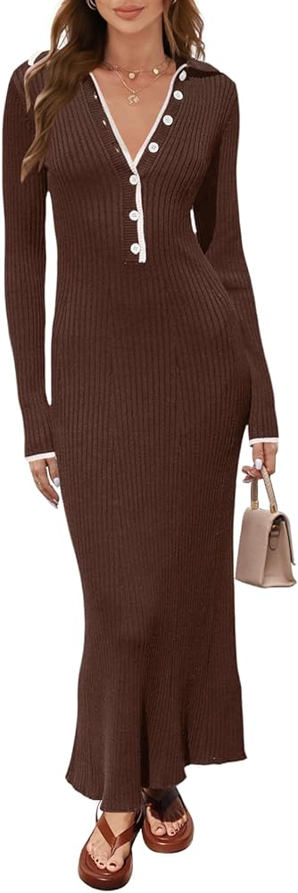 MEROKEETY Women's Long Sleeve V Neck Sweater Dress Button Ribbed Knit Slim Fit Elegant Maxi Dresses