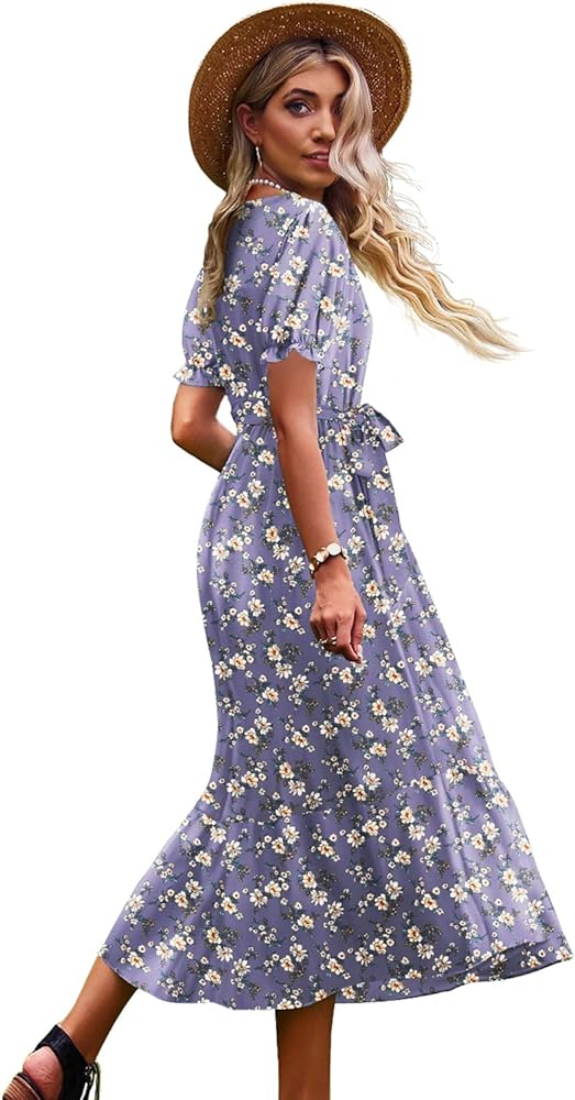 YESNO Women's 2023 Summer Casual Square Neck Floral Dress Ruffle Puff Short Sleeve Belted Maxi Dress with Pockets E16