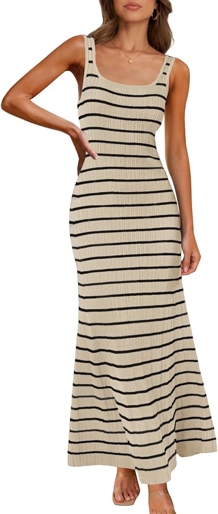 MEROKEETY Women's Sleeveless Striped Bodycon Maxi Dress Square Neck Ribbed Knitted Tank Sweater Dress