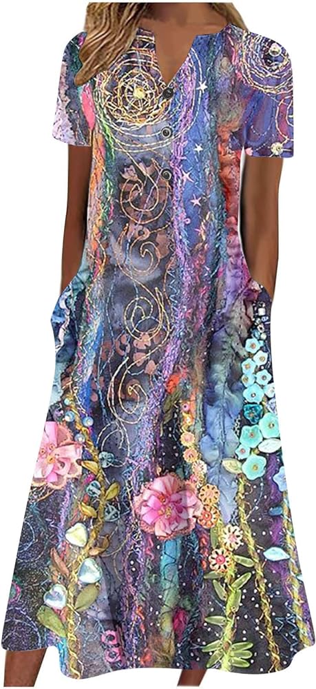 Akivide Women's Short Sleeve Summer Boho Floral Maxi Dress Casual Loose Summer Beach Vacation Dresses with Pockets