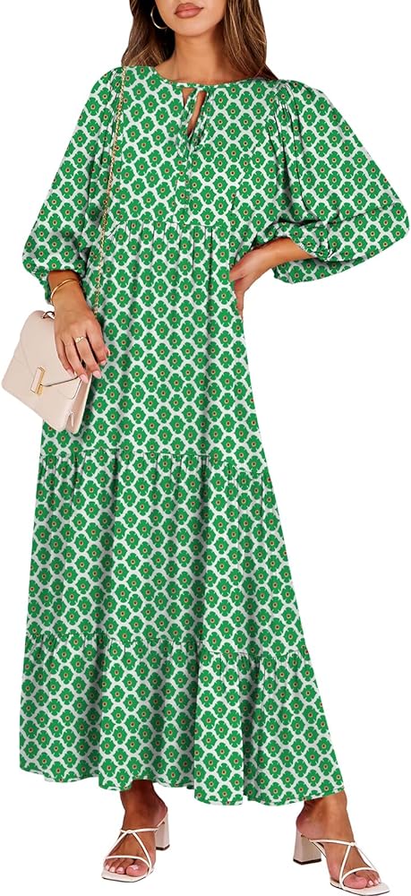 ANRABESS Womens Boho Maxi Dresses 2024 Summer V Neck Puff Sleeve Floral Flowy Swing Casual Long Dress