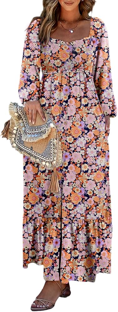 Dokotoo Womens Dresses 2024 Boho Floral Smocked Square Neck Long Sleeve Button Down Beach Long Maxi Dress with Pockets