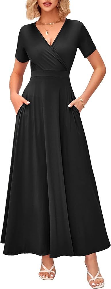 WNEEDU Women's Summer Maxi Dress Short Sleeves Wrap V Neck Long Dresses with Pockets