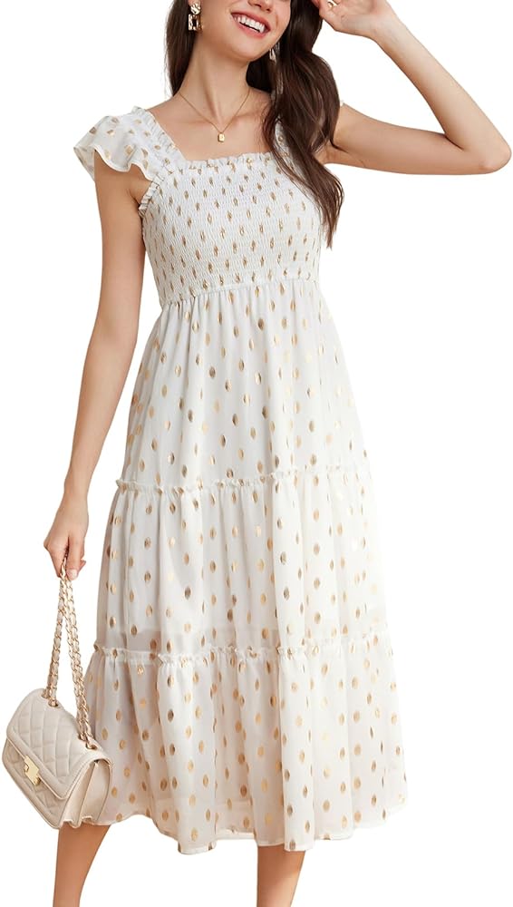 GRACE KARIN Womens Smocked Flowy Summer Dresses A Line Square Neck Flutter Sleeve Ruffle Tiered Polka Dot Cocktail Dress