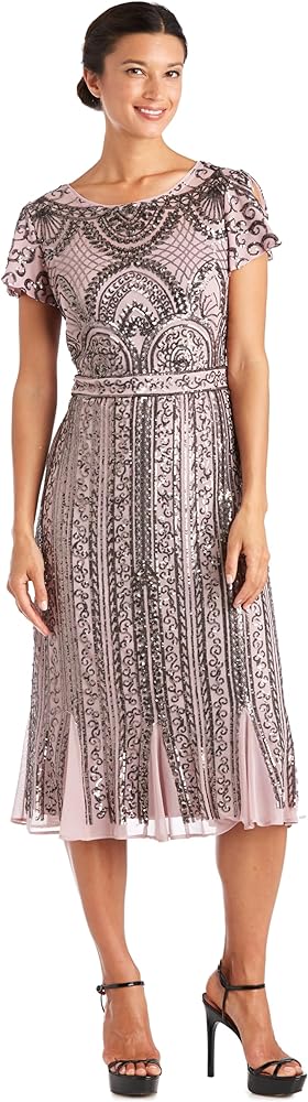 R&M Richards Women's Tea Length Beaded Mesh Gown W/Sequins Embellishments