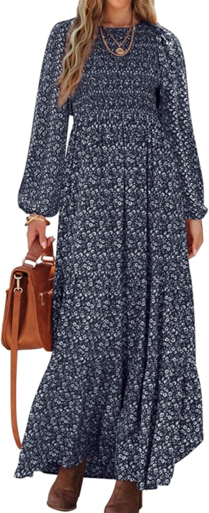 PRETTYGARDEN Women's Fall Dresses 2024 Long Sleeve Flowy Casual Floral Maxi Dress Crew Neck Smocked Tiered Long Dress