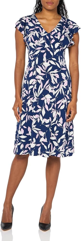 London Times Women's Leaf Print V-Neck Ruffle Sleeve Dress