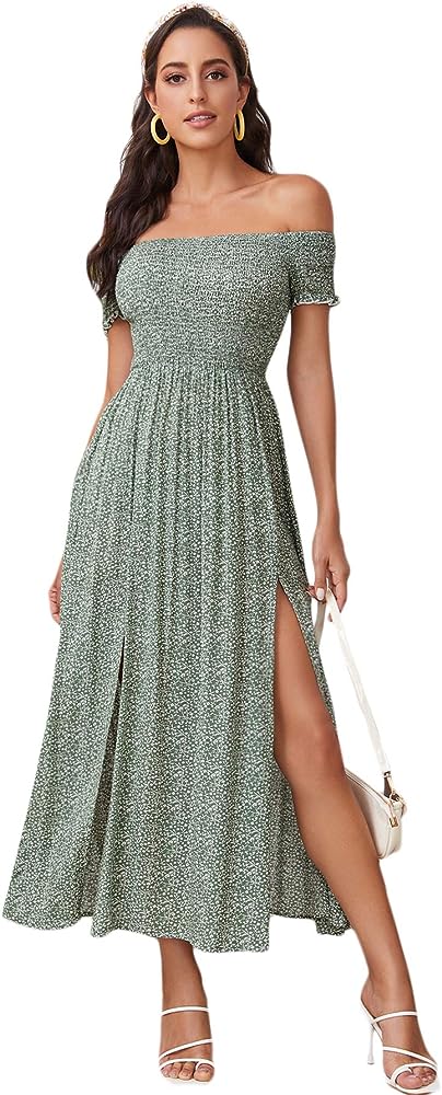 Floerns Women's Boho Floral Print Off Shoulder Split Long A Line Dress