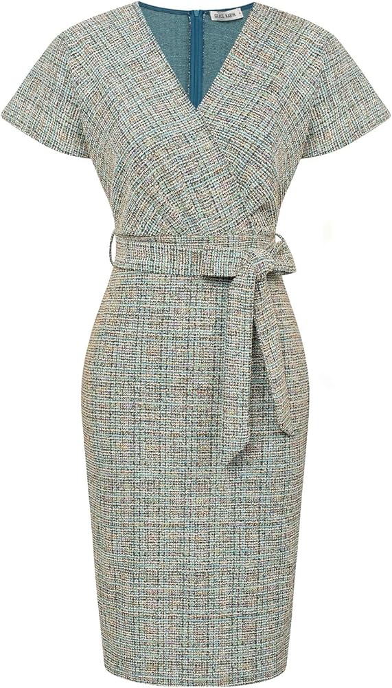 GRACE KARIN Women's Tweed Work Pencil Dress Stretchy Business Office Bodycon Midi Dresses Short Sleeve