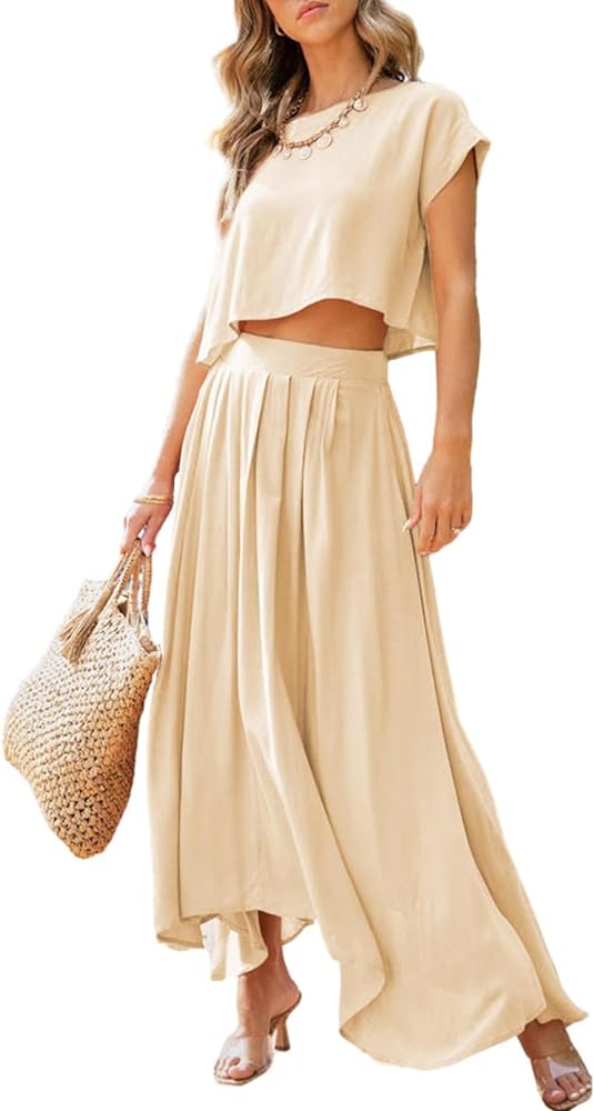 Dokotoo Dresses for Women 2 Piece Summer Outfits Crewneck Tops and Maxi Skirt Dress Sets