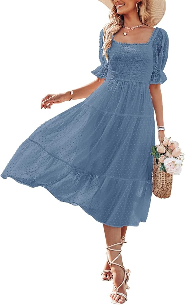 MEROKEETY Women's 2024 Summer Square Neck Puff Sleeve Boho Midi Dress Swiss Dot Ruffle Flowy Tie Back Dress