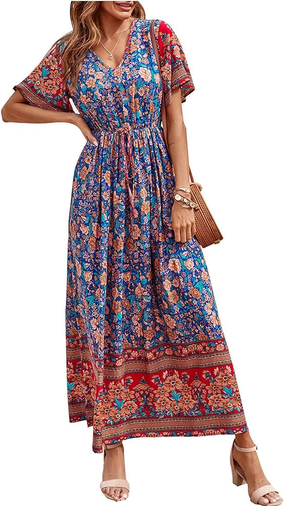 PRETTYGARDEN Women's Casual Summer Boho Floral Print Dress V Neck Short Sleeve High Waist Long Maxi Beach Dresses