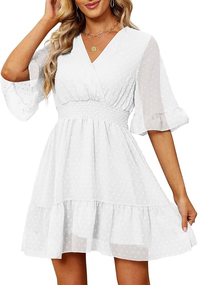 SAMPEEL Women's Summer Casual Wrap V Neck Dress with Ruffle Hem