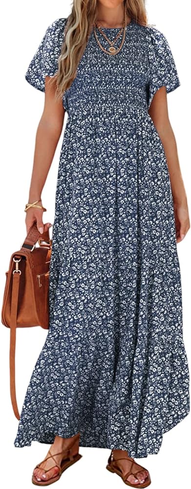 PRETTYGARDEN Women's 2024 Summer Casual Flutter Short Sleeve Boho Floral Maxi Dress Crew Neck Smocked Tiered Long Dresses