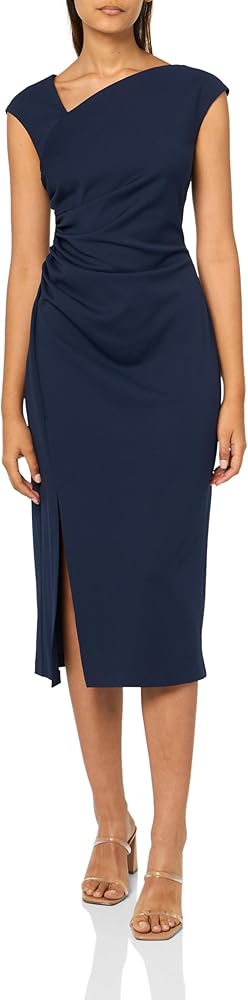 Anne Klein Women's Asymmetrical Neck Ruched Midi Dress