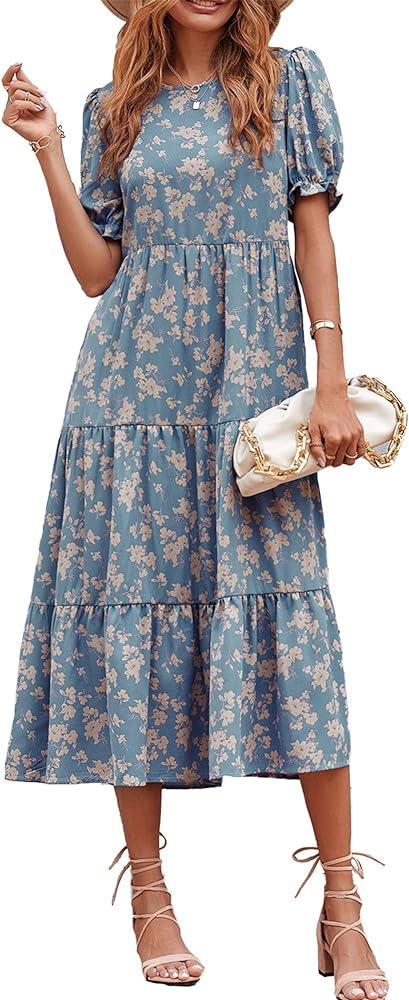 PRETTYGARDEN Women's Summer Casual Boho Dress Floral Print Ruffle Puff Sleeve High Waist Midi Beach Dresses